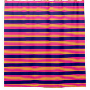 Fuchsia and yellow stripes with navy blue shower curtain