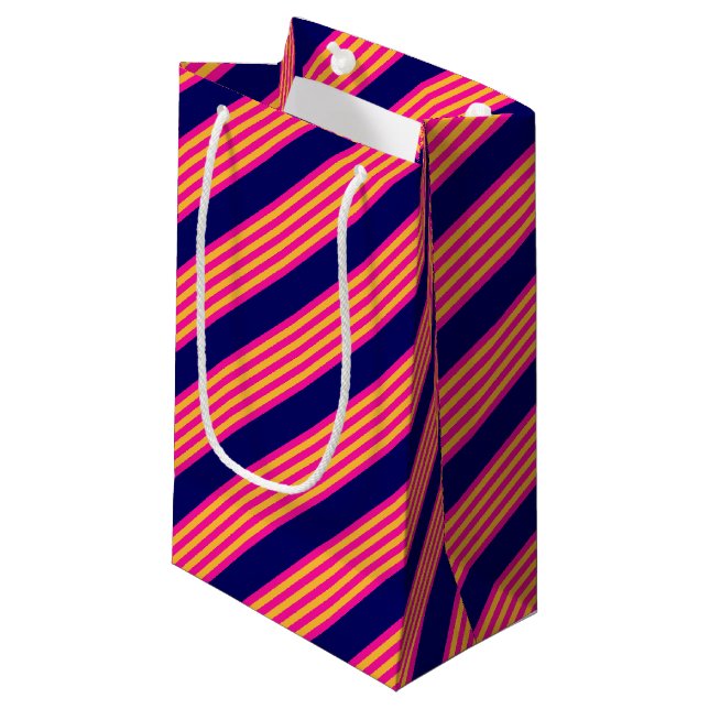 Fuchsia and yellow stripes with navy blue small gift bag (Front Angled)