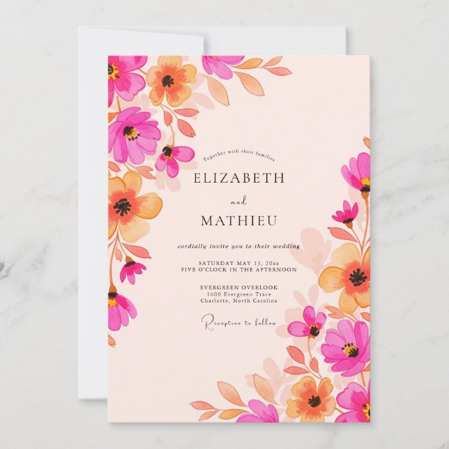 Fuchsia Apricot Radiant Watercolor Wedding Invitation (Front)