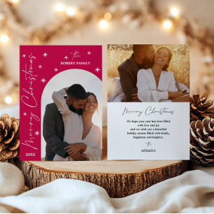Fuchsia Arch Chic Script 2 Photo MERRY Christmas  Holiday Card