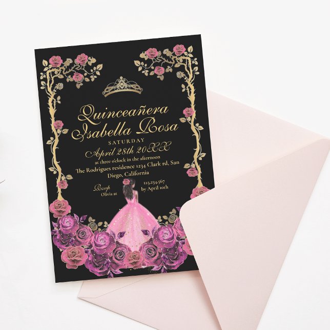 Fuchsia Black and Pink Gold Quinceanera XV Años Invitation (Creator Uploaded)