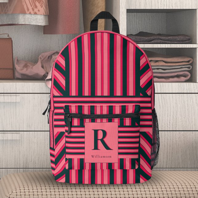 Fuchsia Black Art Deco Chevron Stripe Monogram Printed Backpack (Creator Uploaded)
