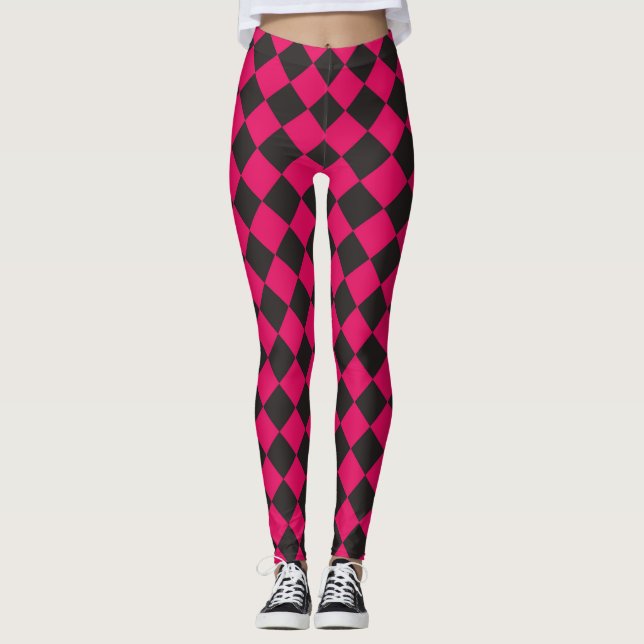 Fuchsia Black Chequered Diamond Pattern  Leggings (Front)