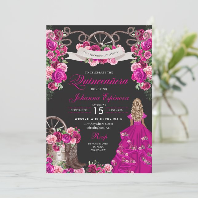 Fuchsia & Black Cowgirl Western Charro Quinceanera Invitation (Standing Front)