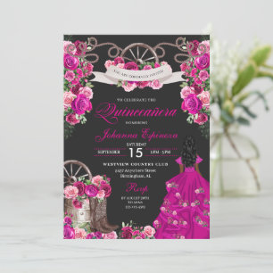Fuchsia & Black Cowgirl Western Charro Quinceanera Invitation