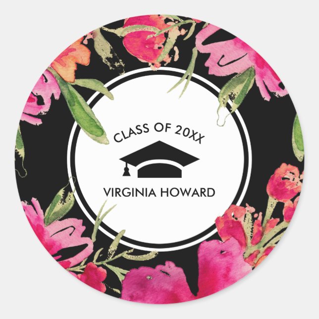 Fuchsia Black Floral Graduation  Classic Round Sticker (Front)