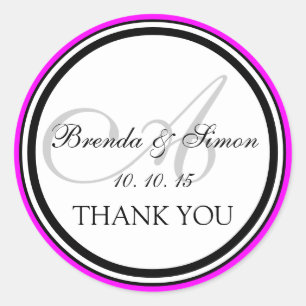 Fuchsia Black Monogram A Wedding Thank You Classic Round Sticker