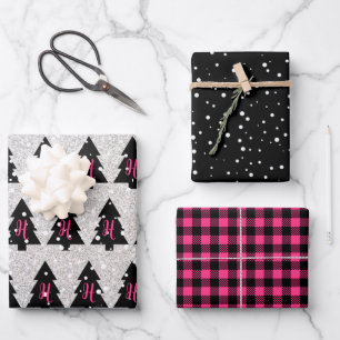 Fuchsia & Black Monogram Wrapping Paper Sheets