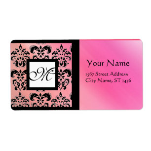 FUCHSIA BLACK PINK SILK DAMASK, SQUARE MONOGRAM