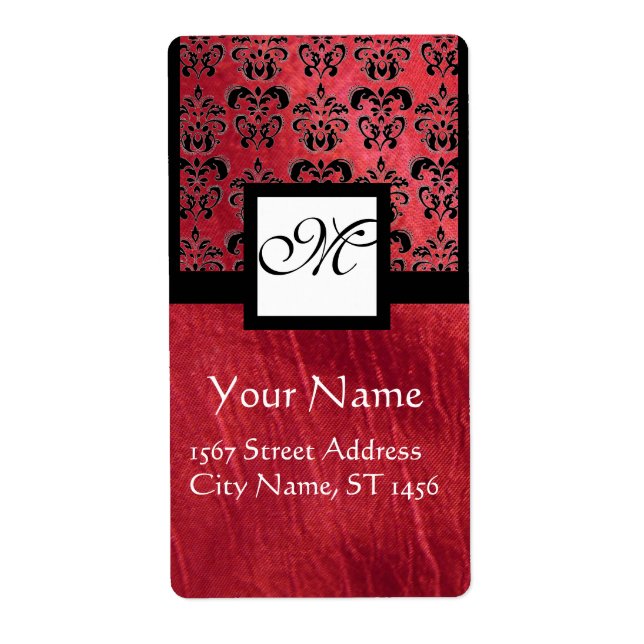 FUCHSIA BLACK RED SILK DAMASK, SQUARE MONOGRAM (Front)