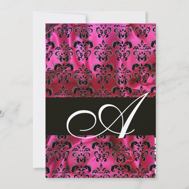 FUCHSIA  BLACK SILK DAMASK MONOGRAM , Champagne Invitation (Front)