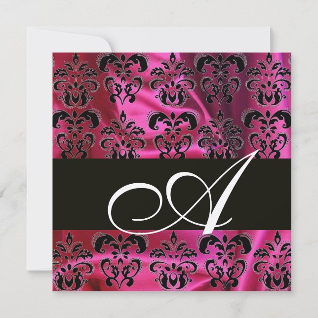 FUCHSIA  BLACK  SILK DAMASK MONOGRAM , Champagne Invitation (Front)