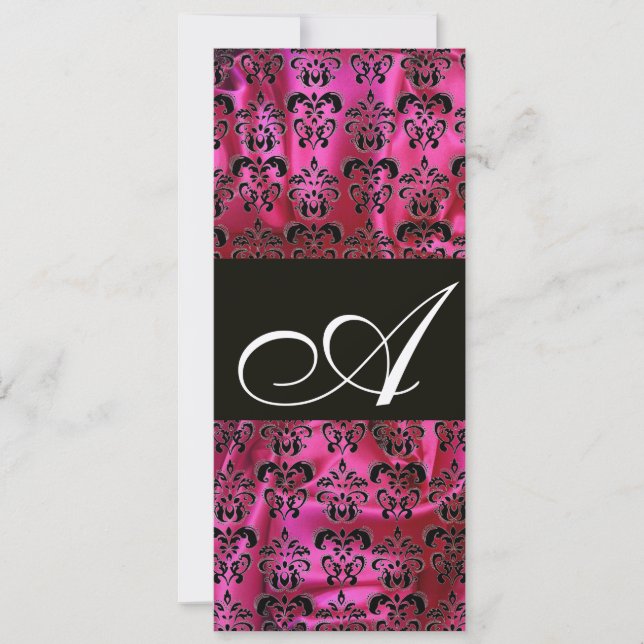 FUCHSIA  BLACK SILK DAMASK MONOGRAM ,Gold Invitation (Front)