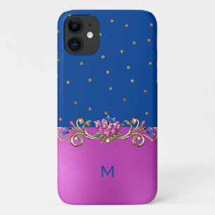 Fuchsia Blue and Gold Jewelled Monogrammed Case-Mate iPhone Case