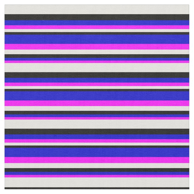Fuchsia, Blue, Black & Light Yellow Stripes Fabric (Close Up)