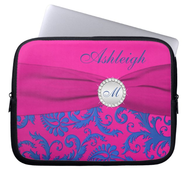 Fuchsia Blue Damask FAUX Ribbon Laptop Sleeve (Front)