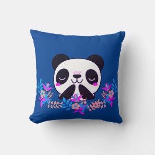 Fuchsia & Blue Floral Panda Bear Throw Pillow