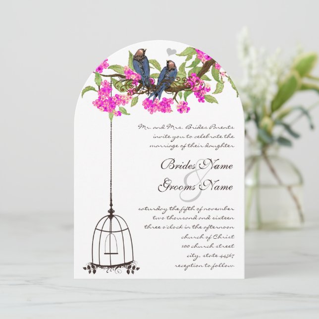 Fuchsia Cherry Blossom Love Birds Birdcage Wedding Invitation (Standing Front)