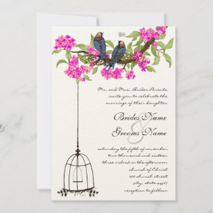 Fuchsia Cherry Blossom Love Birds Birdcage Wedding Invitation