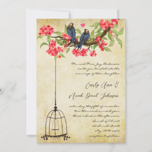 Fuchsia Cherry Blossom Love Birds Birdcage Wedding Invitation