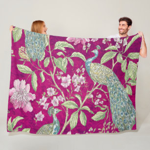 Fuchsia Chinoiserie peacock floral  Fleece Blanket