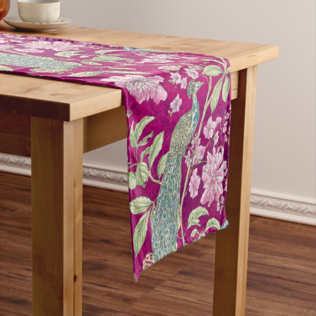Fuchsia Chinoiserie peacock floral  Long Table Runner (In Situ)