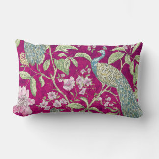 Fuchsia Chinoiserie peacock floral  Lumbar Cushion