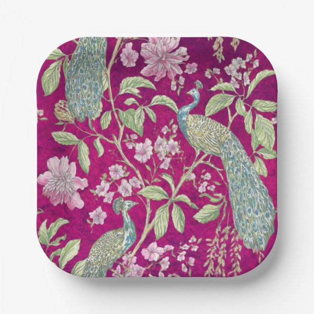 Fuchsia Chinoiserie peacock floral  Paper Plate (Front)