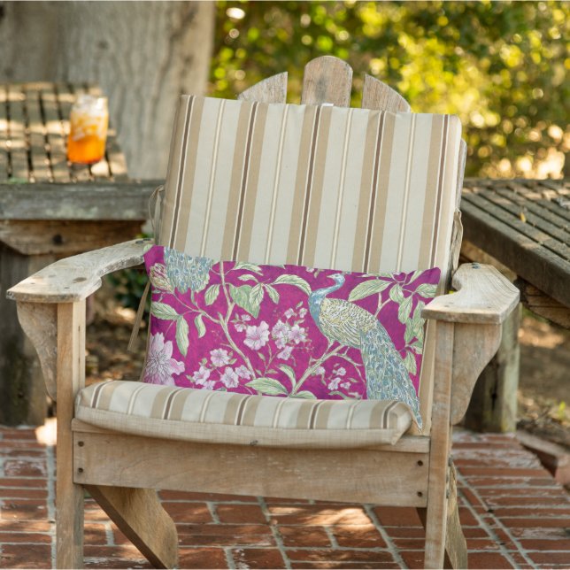 Fuchsia Chinoiserie Peacock Floral Patio Outdoor Lumbar Cushion (Chair)
