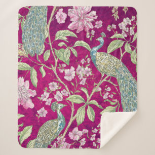 Fuchsia Chinoiserie peacock floral  Sherpa Blanket