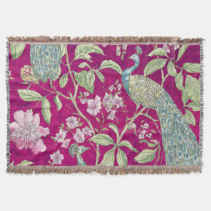 Fuchsia Chinoiserie peacock floral  Throw Blanket