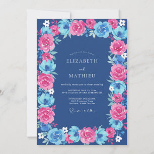 Fuchsia Cobalt Ranunculus Eucalyptus Wedding Invitation