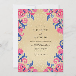 Fuchsia Cobalt Scroll Eucalyptus Wedding Invitation