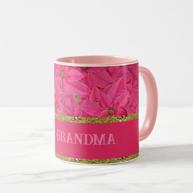Fuchsia coloured poinsettias, custom christmas  mug (Front Right)