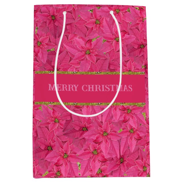 Fuchsia coloured poinsettias, floral pattern custo medium gift bag (Front)