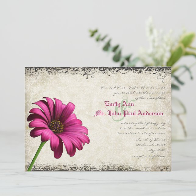Fuchsia Coral Orange Gerber Daisy Wedding Invite (Standing Front)