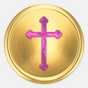Fuchsia Cross on Gold Envelope Seal Sticker