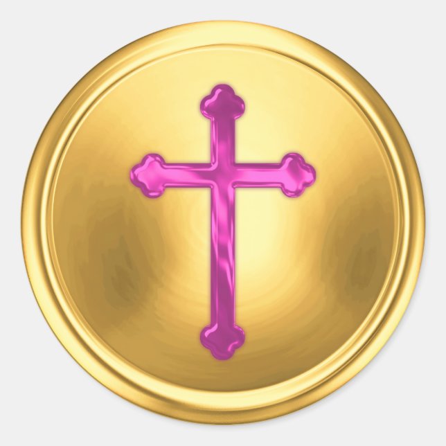 Fuchsia Cross on Gold Envelope Seal Sticker (Front)