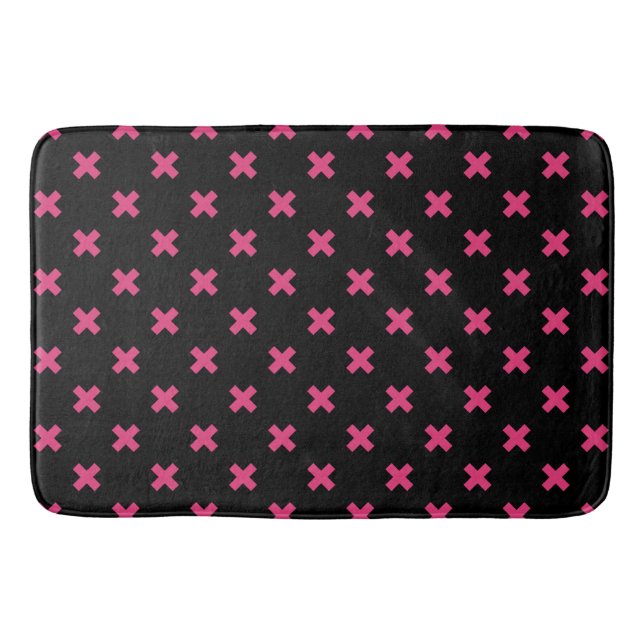Fuchsia cross stitches on black bath mat (Front)