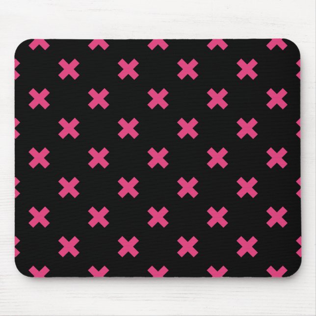 Fuchsia cross stitches on black mouse pad (Front)