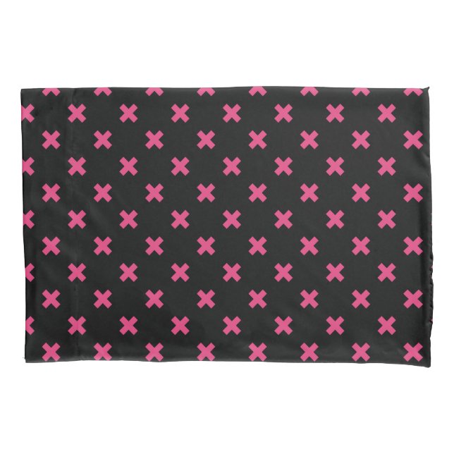 Fuchsia cross stitches on black pillowcase (Front)