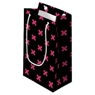 Fuchsia cross stitches on black small gift bag