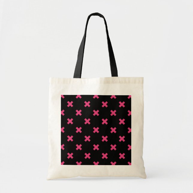 Fuchsia cross stitches on black tote bag (Front)