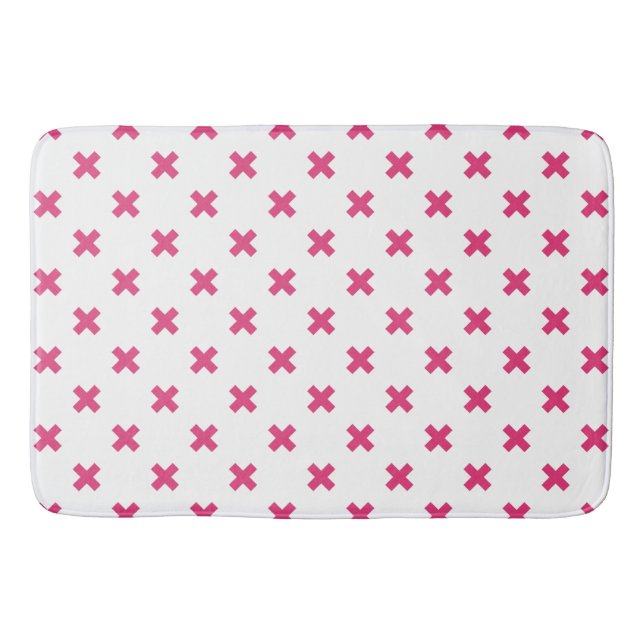 Fuchsia cross stitches on white bath mat (Front)