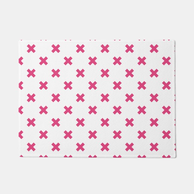 Fuchsia cross stitches on white doormat (Front)