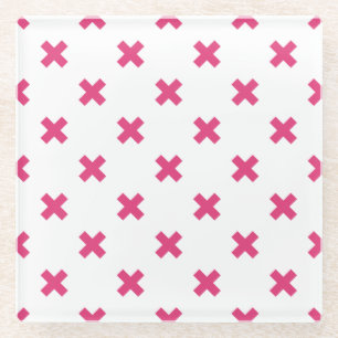 Fuchsia cross stitches on white glass coaster