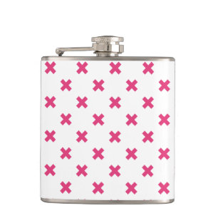 Fuchsia cross stitches on white hip flask