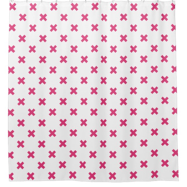 Fuchsia cross stitches on white shower curtain (Front)