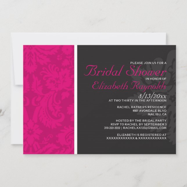 Fuchsia Damask Bridal Shower Invitations (Front)