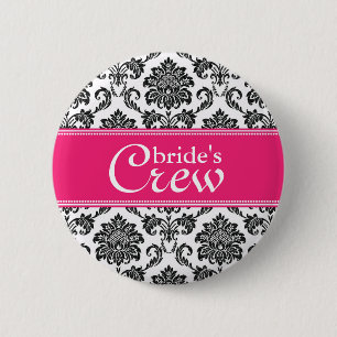 Fuchsia Damask Bride's Crew Button
